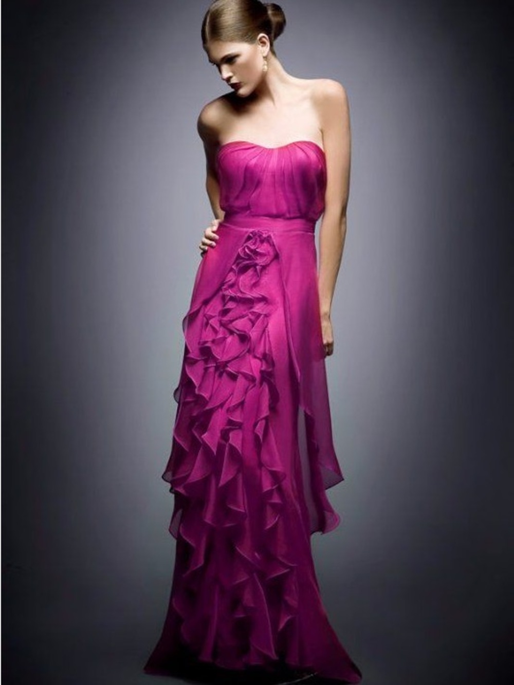 Strapless Ruffle Evening Gown in Fuchsia